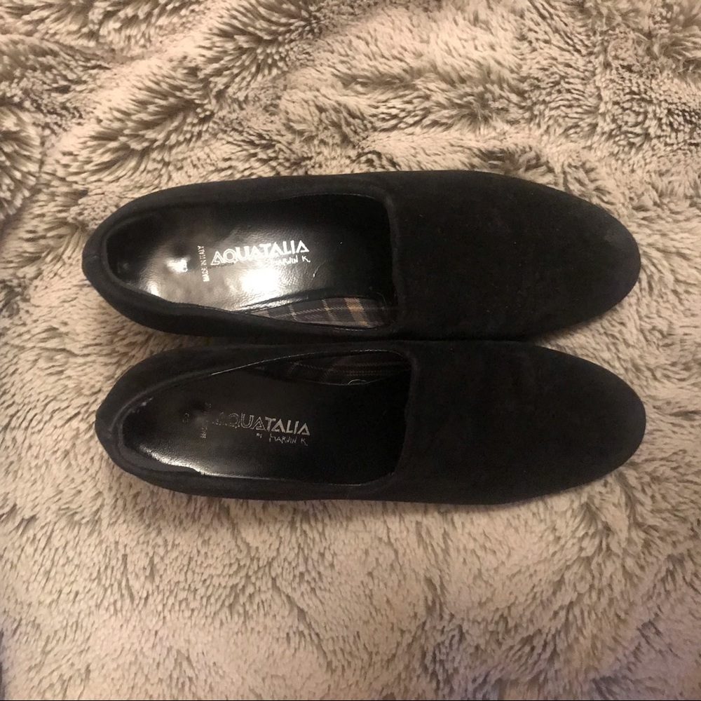 AQUATALIA black suede wedge loafers. Size 8.